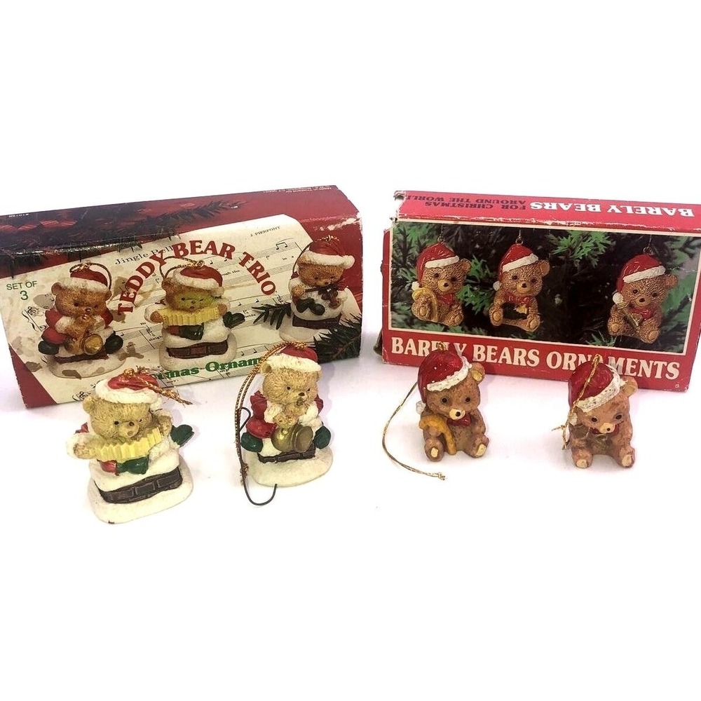 Vintage Barely Bears Teddy Bear Christmas Ornaments Lot of 4 w/Box Handpainted